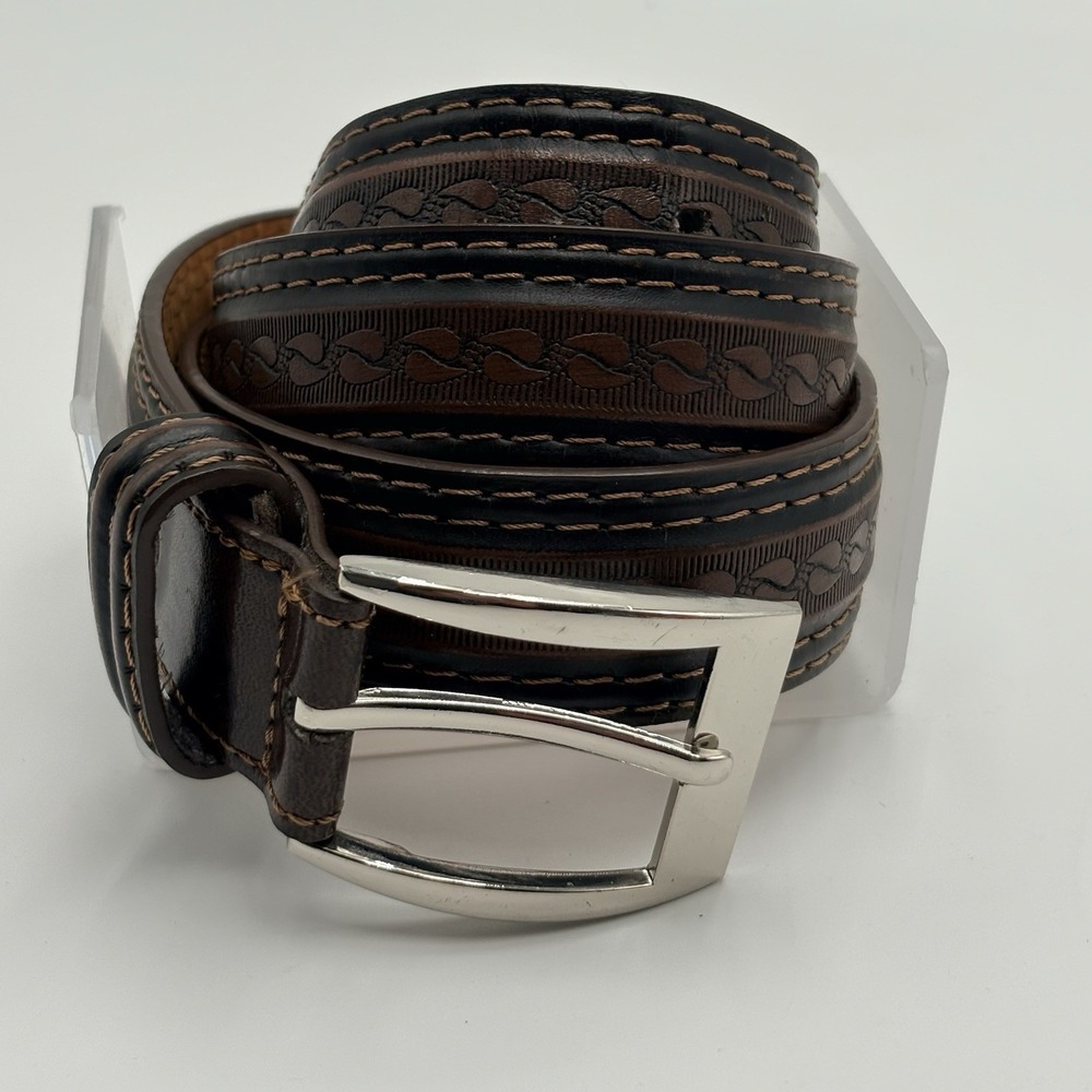 GOLD COAST Embossed Brown Leather Belt Silver Buckle Mens Western Paws 38 XL
